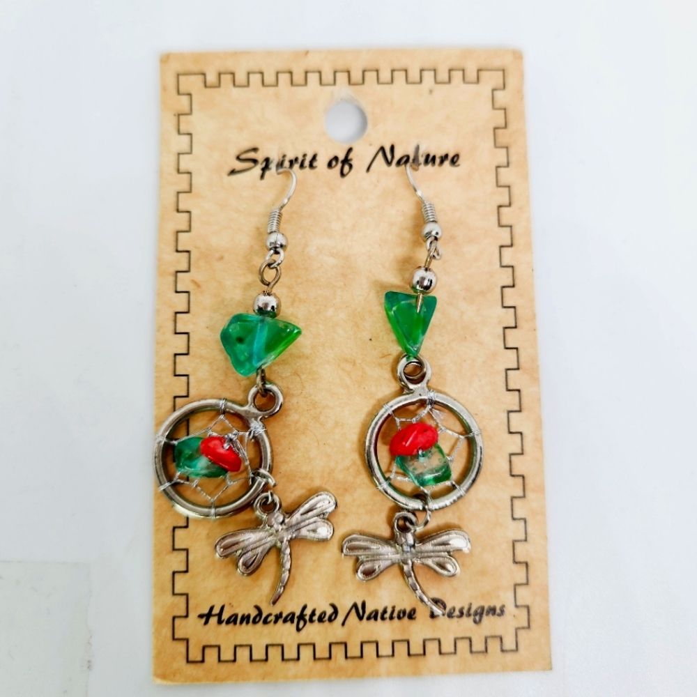 Handcrafted Native Designs Dragonfly Earrings Beaded Dangle Silver Tone New